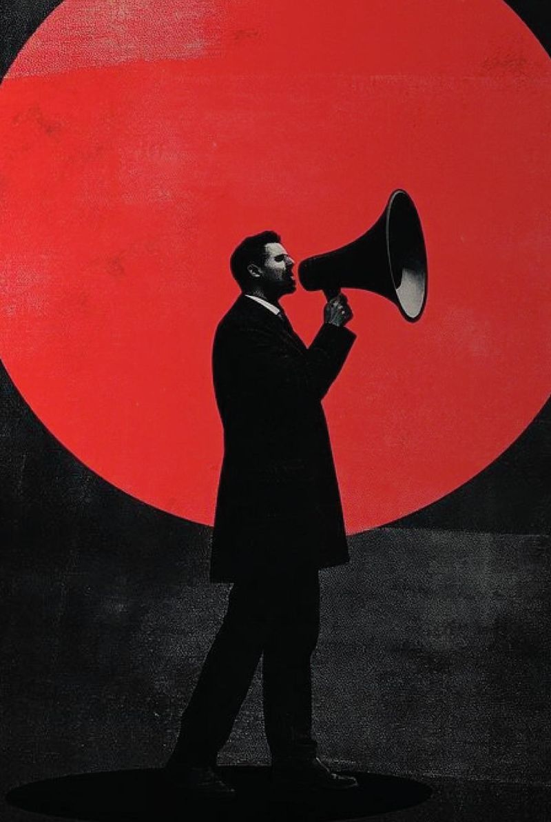 Homme au mégaphone devant un soleil rouge